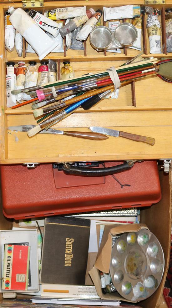 A quantity of artists equipment, including an easel, paintbrushes, etc.